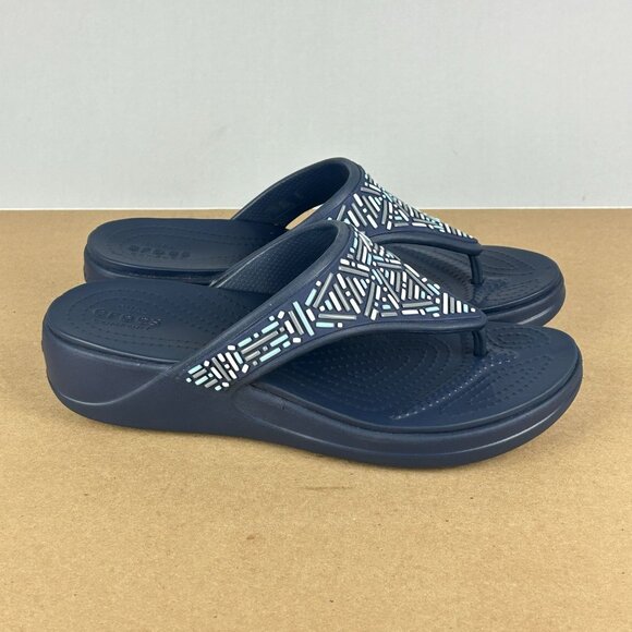 Crocs Monterey Wedge Toe Post Sandals Womens 10 Navy Blue White Casual - Picture 3 of 11